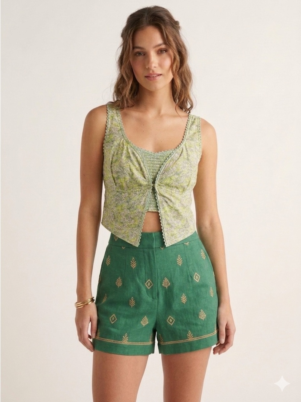 American Eagle XL Tie-Front Corset Tank Top 🌿 Green White Floral Y2K